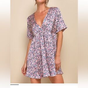 Lulus Blush Pink Floral Print Satin Babydoll Dress, NWT!
